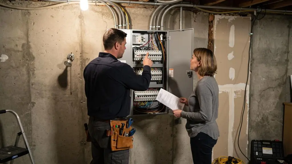 Un électricien montre un disjoncteur dans un panneau électrique ouvert de résidence montréalaise pendant qu'une propriétaire tient une soumission imprimée.
